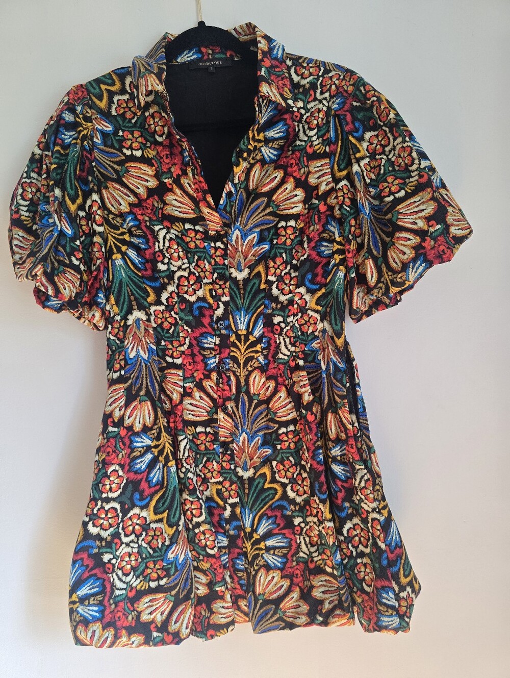 Olivaceous Cotton Floral Bubble Sleeve Bubble Hem Mini Dress.